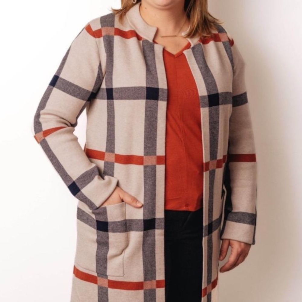 Tahari Women Plaid Longline Cardigan‎ Sweater Navy Rust Beige Open Front XS